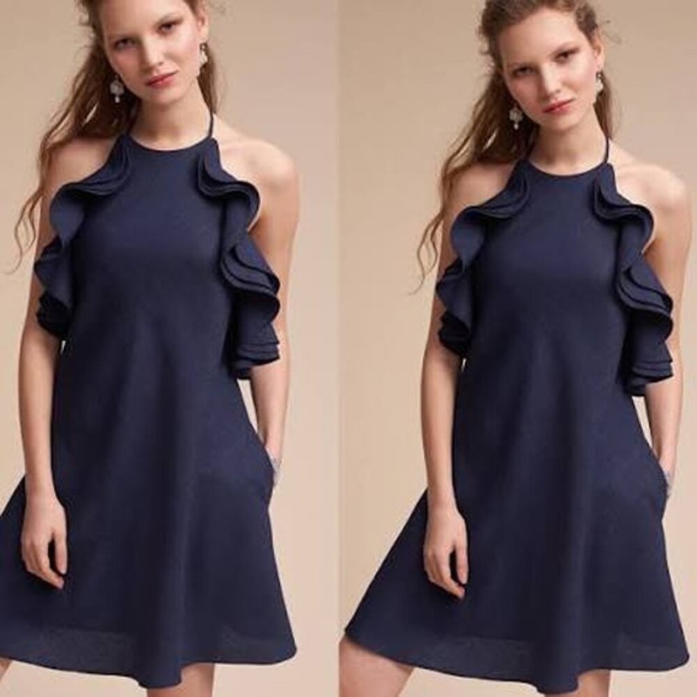Badgley Mischka navy blue Kieran trapeze halter ruffle flowy mini dress, sz 10